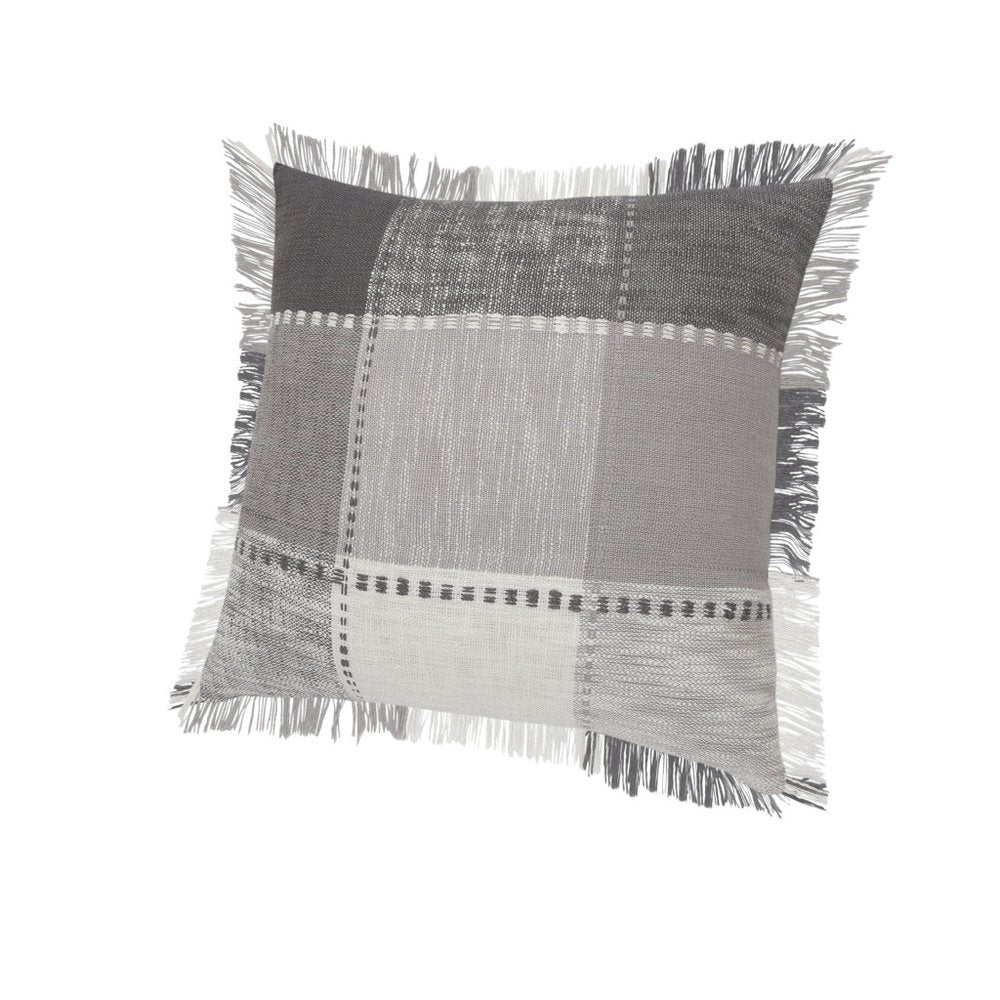 Set of Two 20" Gray And Off White Plaid Cotton Blend Throw Pillows with Fringe