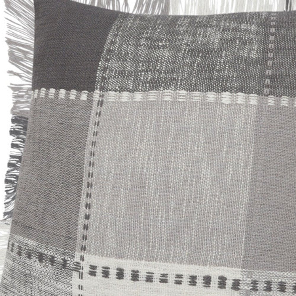 Set of Two 20" Gray And Off White Plaid Cotton Blend Throw Pillows with Fringe