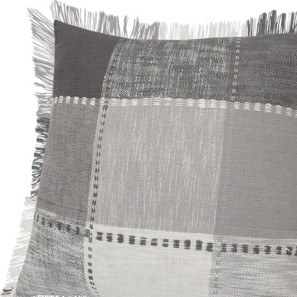 Set of Two 20" Gray And Off White Plaid Cotton Blend Throw Pillows with Fringe