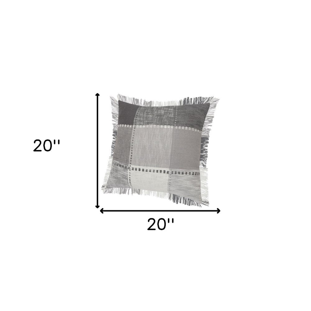 Set of Two 20" Gray And Off White Plaid Cotton Blend Throw Pillows with Fringe