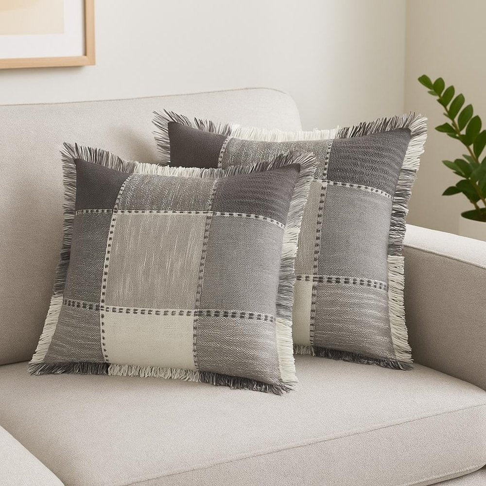 Set of Two 20" Gray And Off White Plaid Cotton Blend Throw Pillows with Fringe