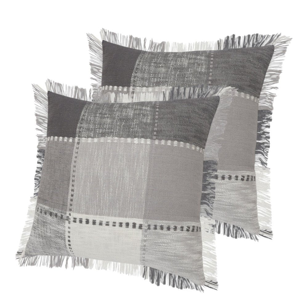 Set of Two 20" Gray And Off White Plaid Cotton Blend Throw Pillows with Fringe
