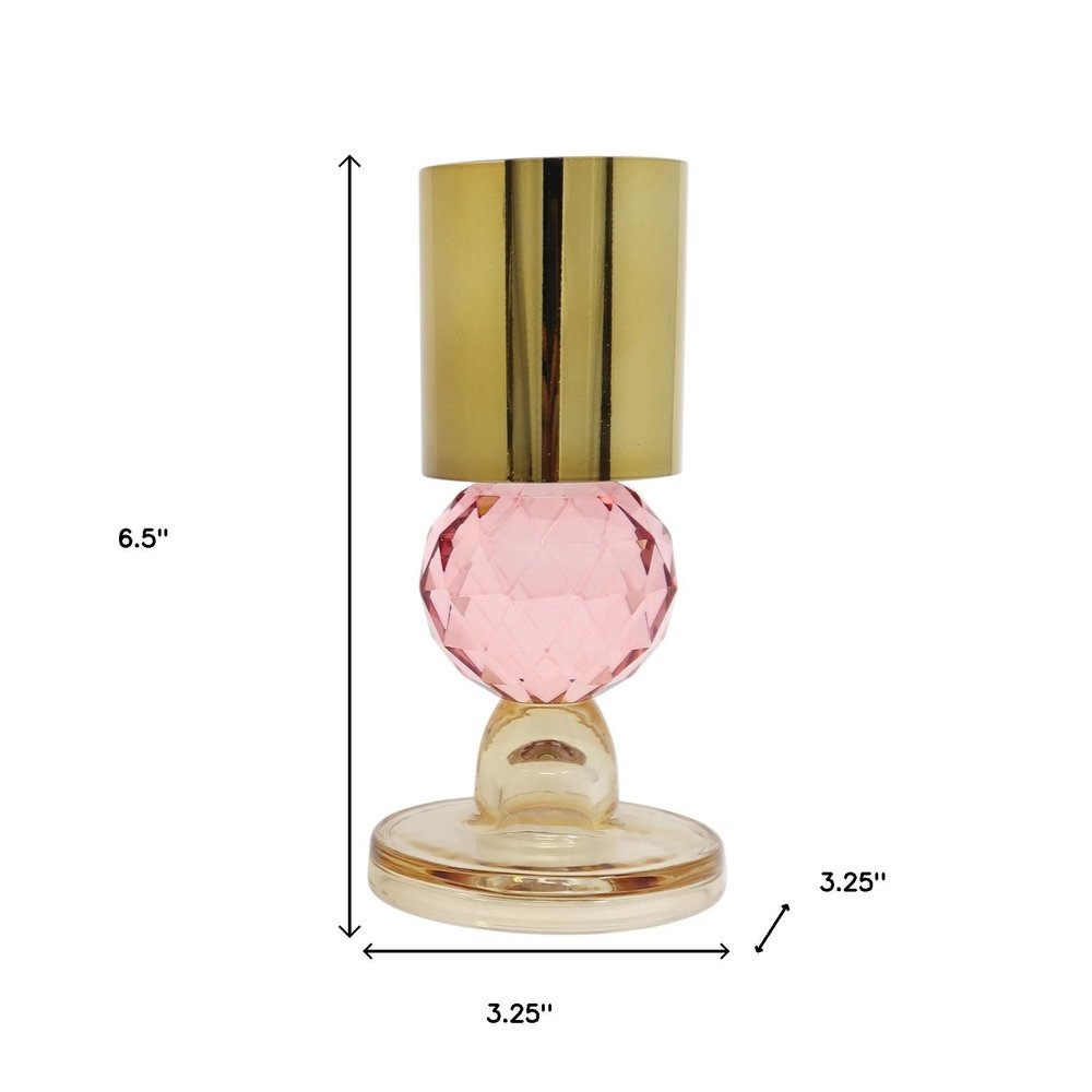 Set of Two Amber Gold And Pink Faceted Crystal Tabletop Taper Candlesticks