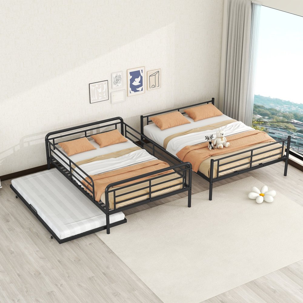 Black Full XL Over Queen Contemporary Metal Bunk Bed With Trundle