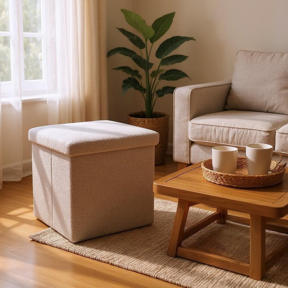 15" Black Boucle Cube Storage Ottoman