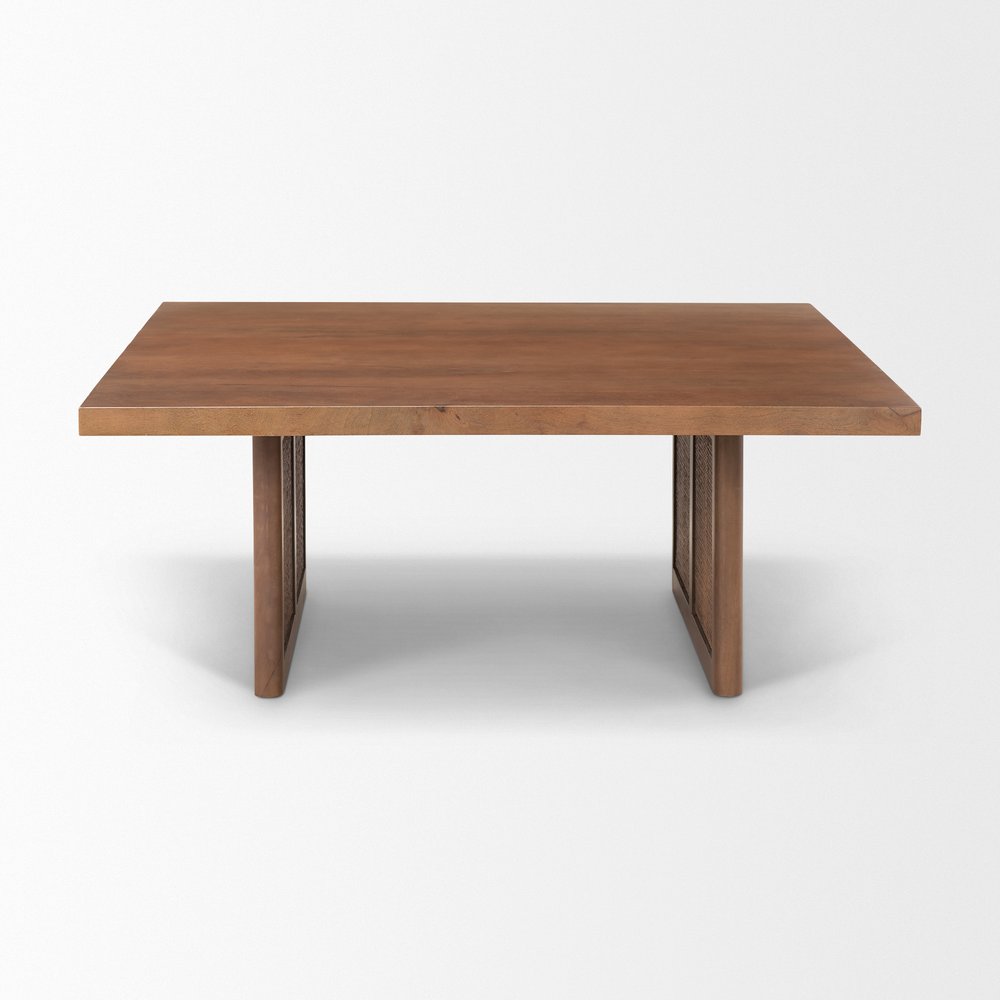 42" Brown and Natural Solid Wood and Wicker Square Double Pedestal Coffee Table