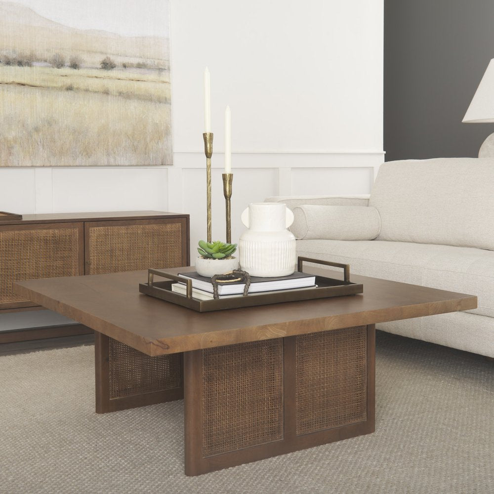 42" Brown and Natural Solid Wood and Wicker Square Double Pedestal Coffee Table