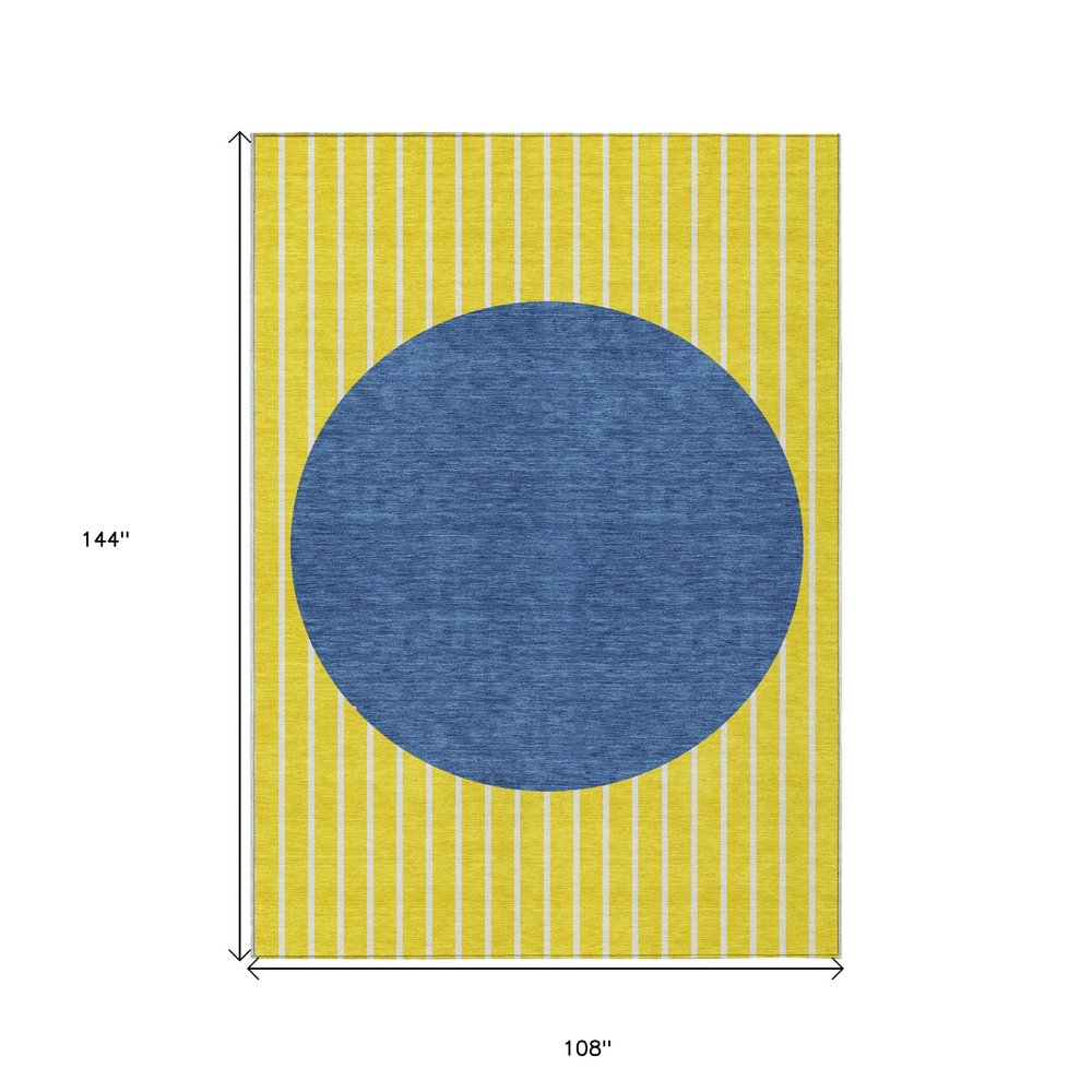 9' X 12' Yellow And Blue Striped Washable Indoor Outdoor Area Rug