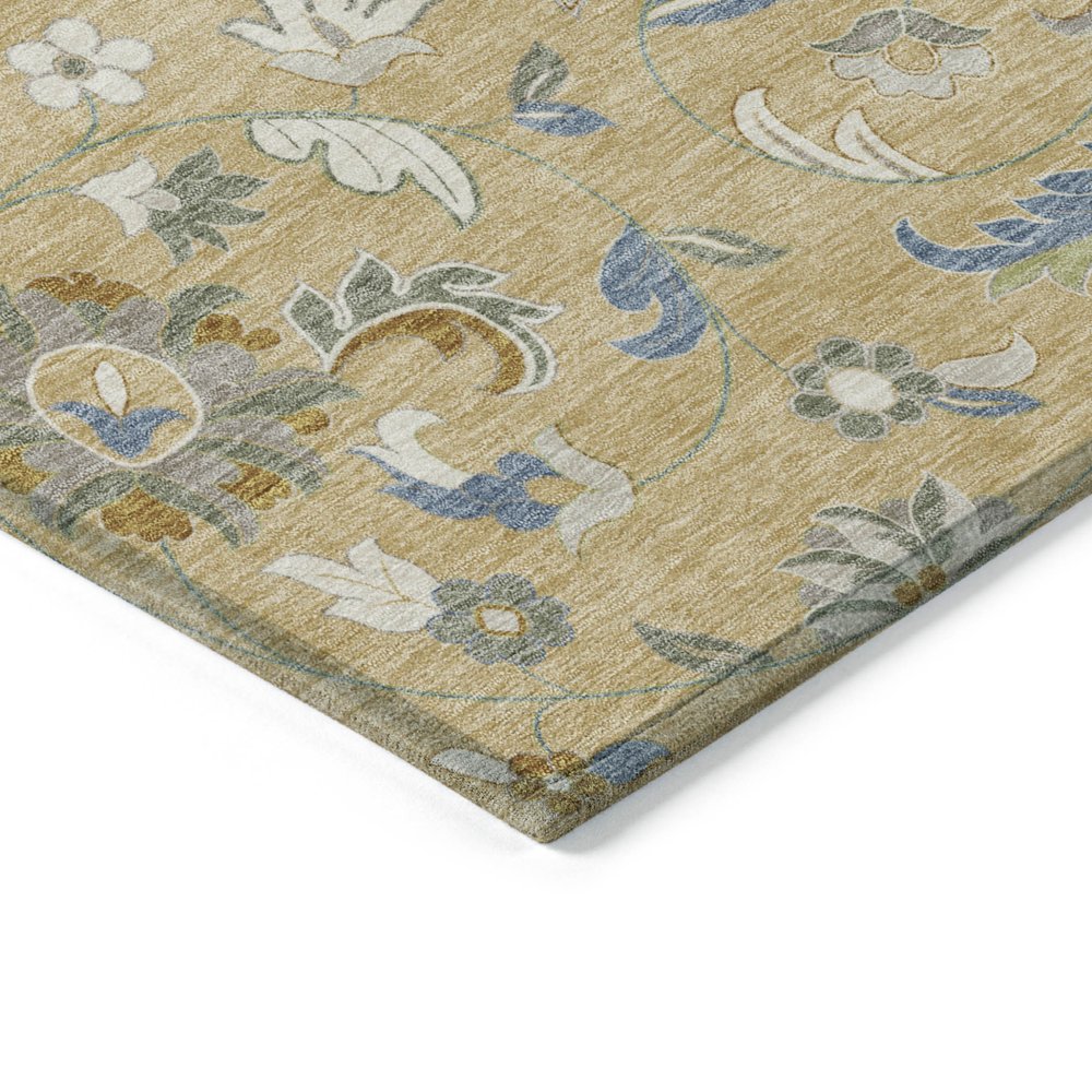 9' X 12' Wheat Blue And Ivory Floral Washable Indoor Outdoor Area Rug