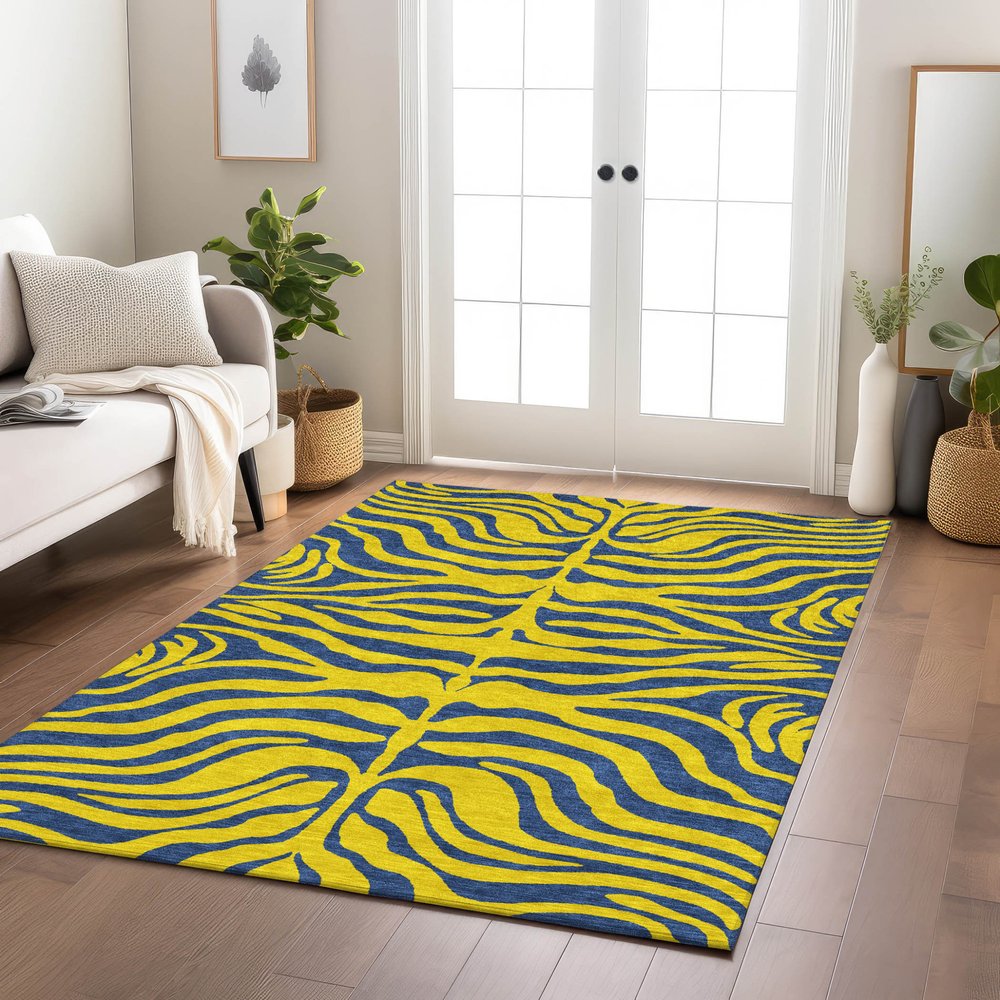 9' X 12' Yellow And Blue Animal Print Washable Indoor Outdoor Area Rug