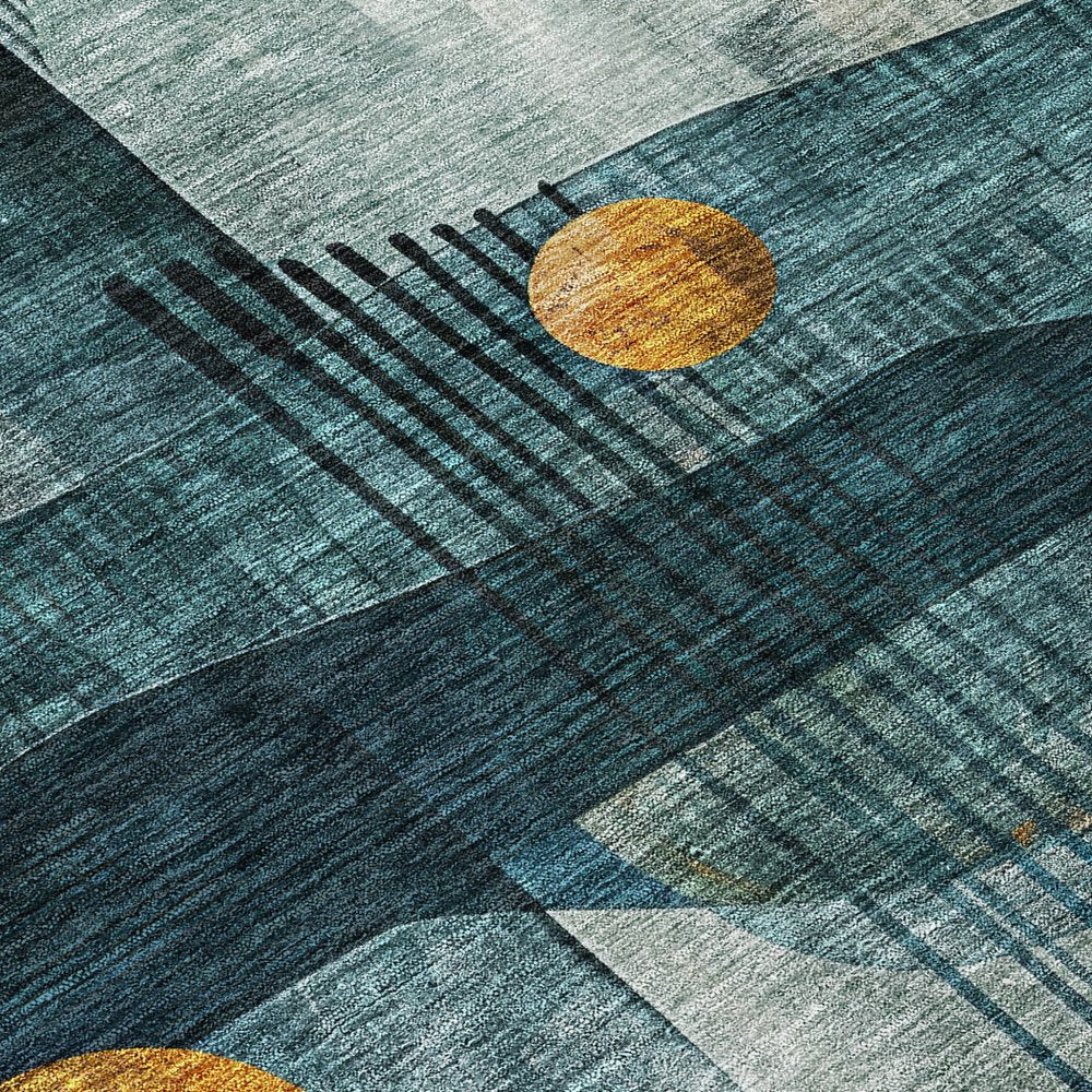 9' X 12' Teal Blue Ivory And Gold Geometric Washable Indoor Outdoor Area Rug