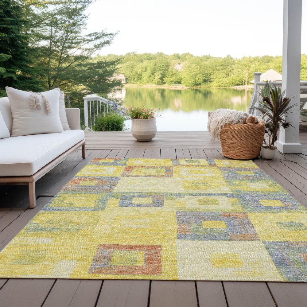 9' X 12' Yellow Blue And Terra Cotta Geometric Washable Indoor Outdoor Area Rug