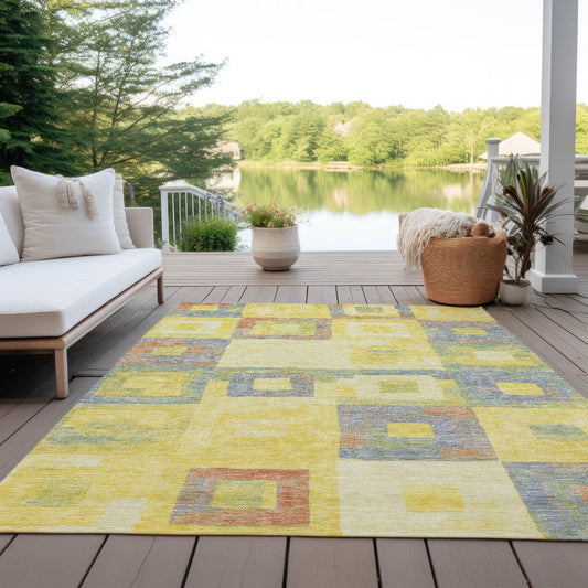 9' X 12' Yellow Blue And Terra Cotta Geometric Washable Indoor Outdoor Area Rug