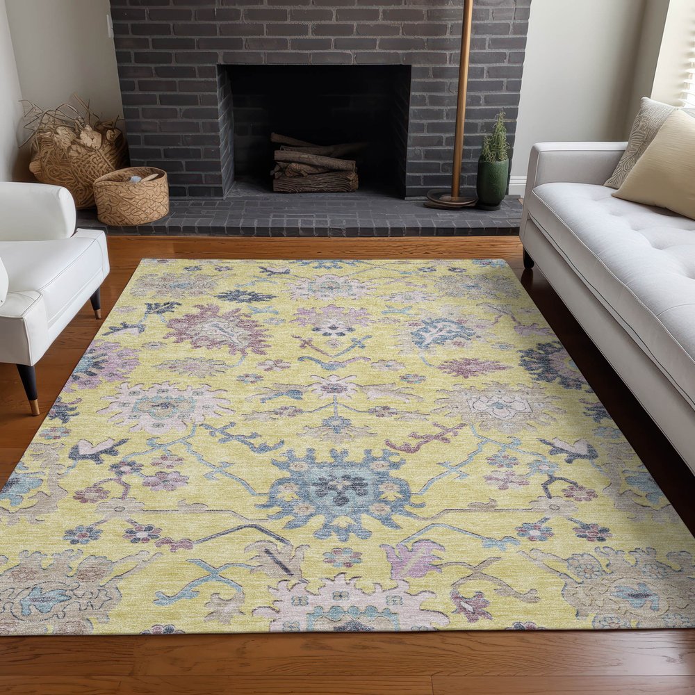 9' X 12' Yellow Lavender And Denim Blue Floral Washable Indoor Outdoor Area Rug