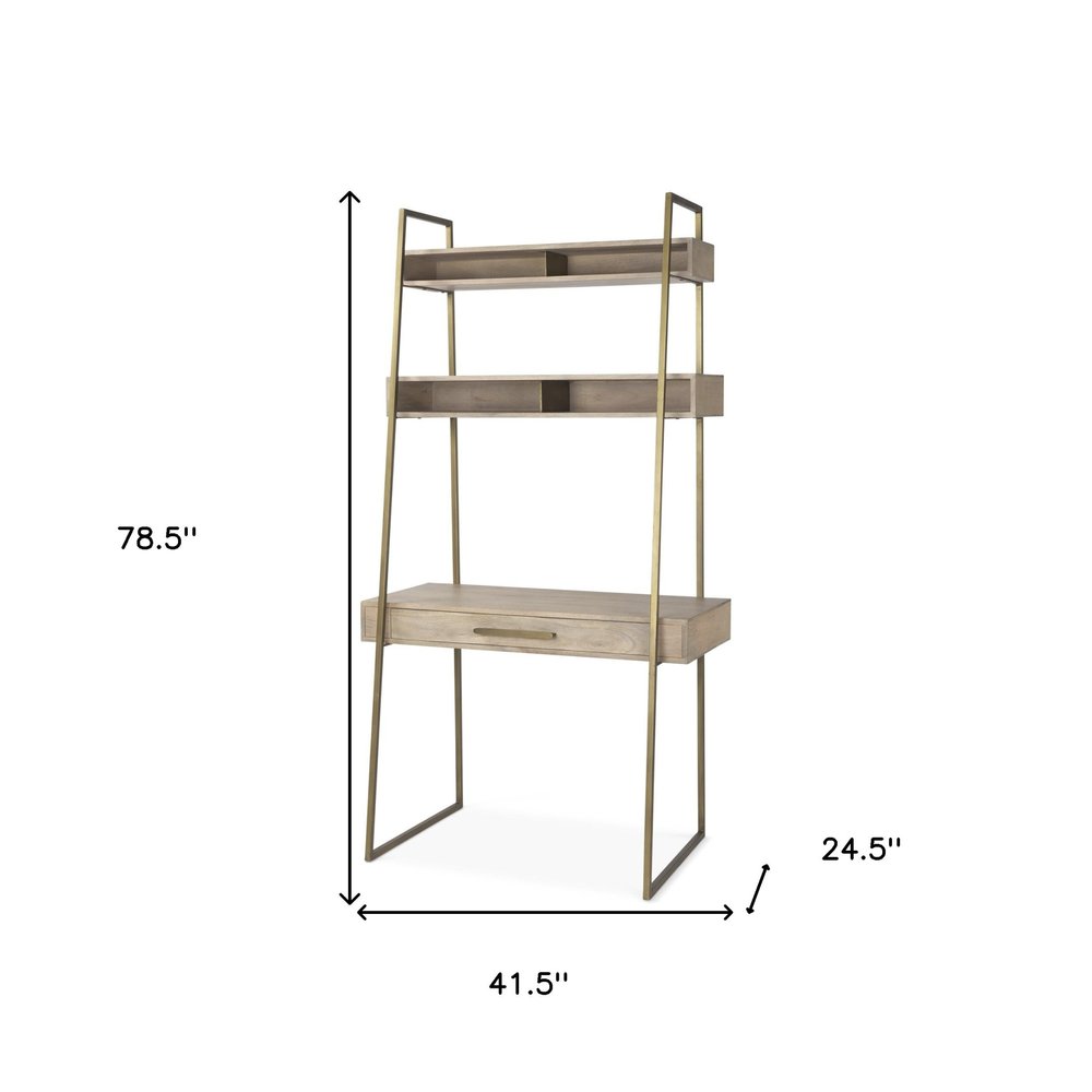 42" Brown and Gold Solid Wood and Metal Sled Ladder Desk