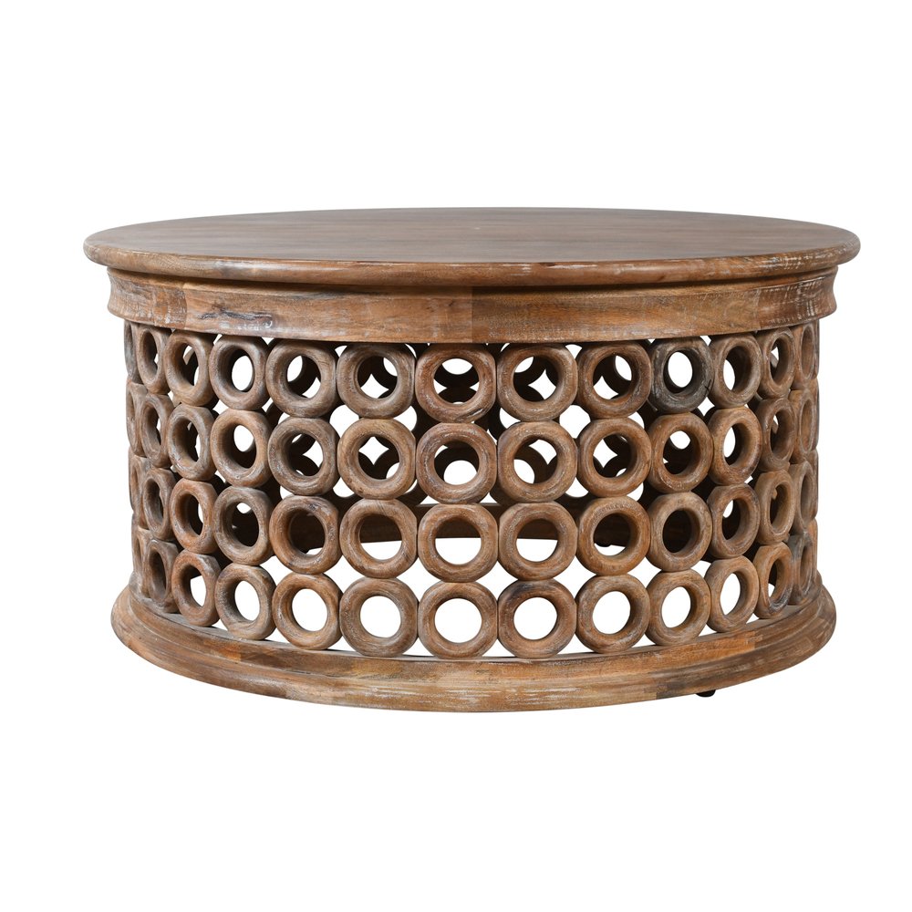 39" Brown Solid Wood Round Distressed Drum Coffee Table