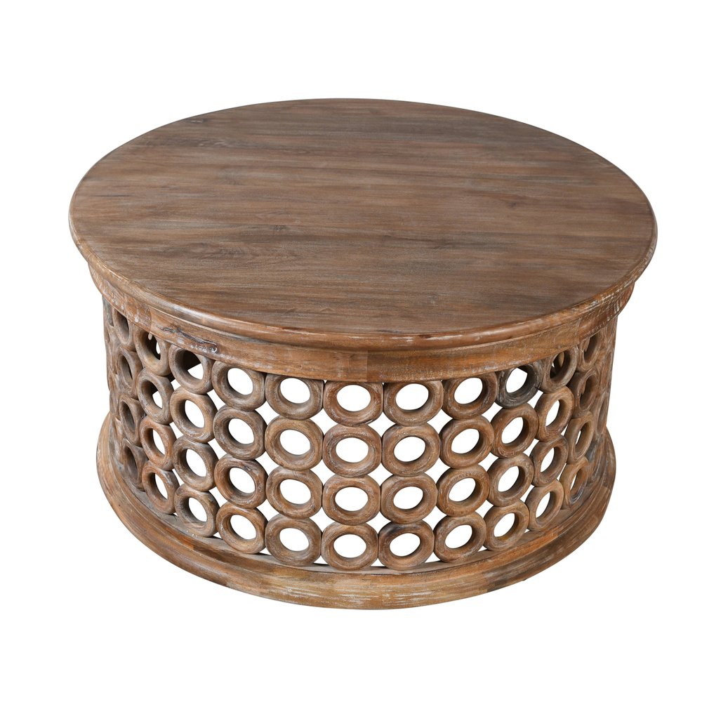 39" Brown Solid Wood Round Distressed Drum Coffee Table