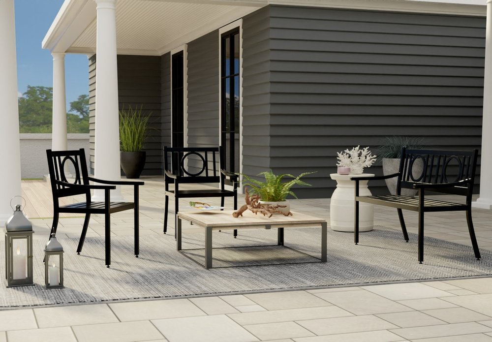 Sillón de exterior con respaldo geométrico de acero negro de 24"