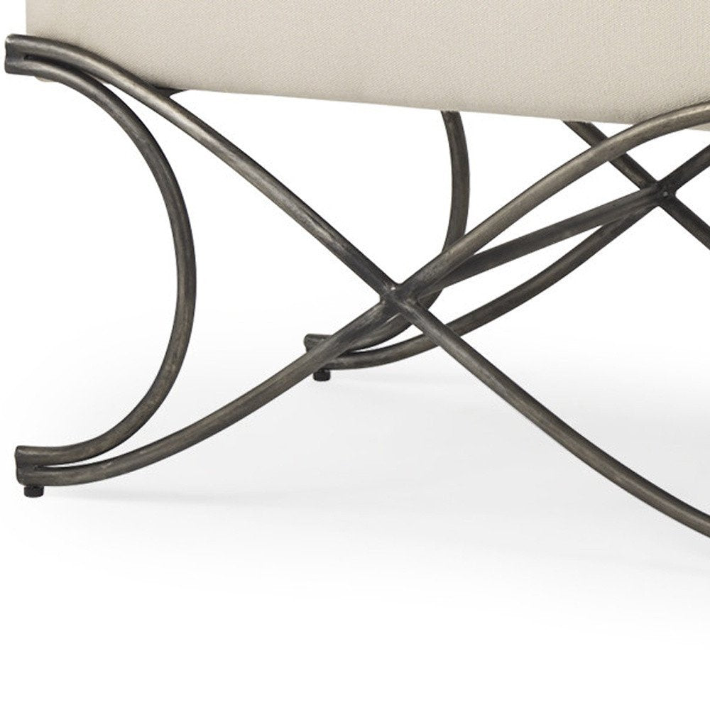 55" Cream and Nickel Fabric and Metal Upholstered Bench