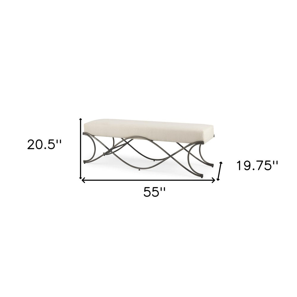 55" Cream and Nickel Fabric and Metal Upholstered Bench