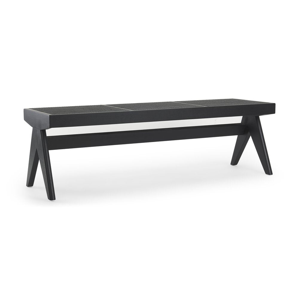 59" Black Solid Wood and Cane Dining Bench