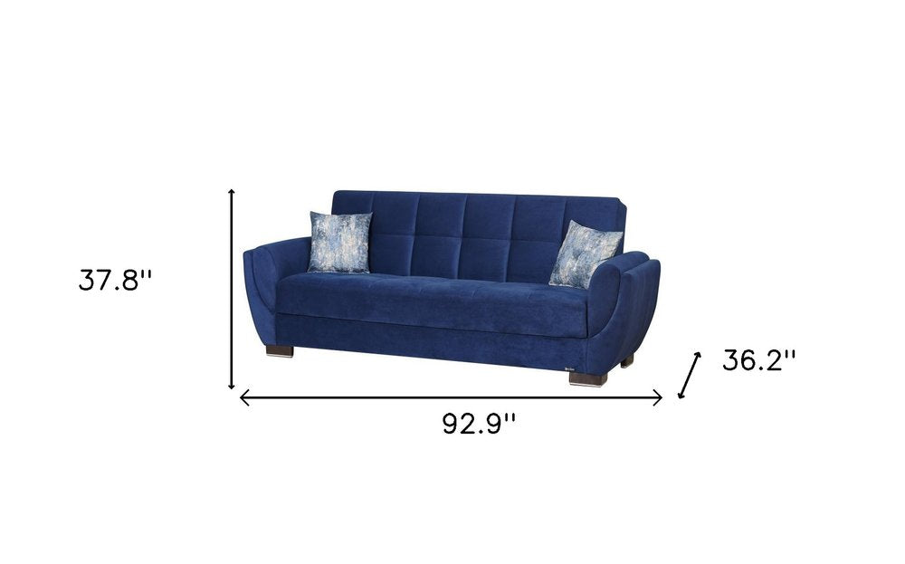 93" Blue Microfiber Convertible Futon Sleeper Sofa And Toss Pillows With Storage