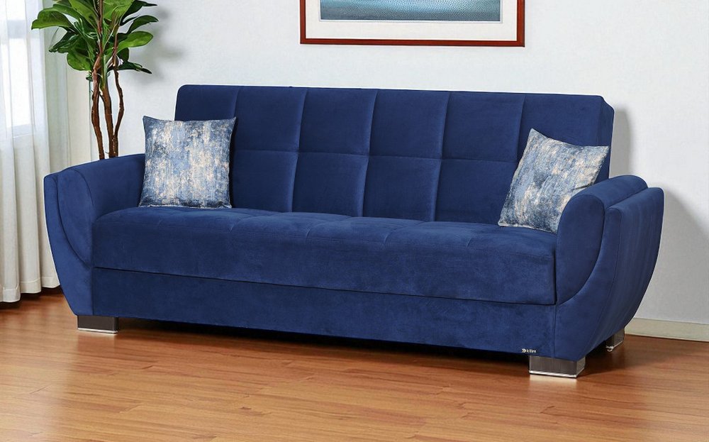 93" Blue Microfiber Convertible Futon Sleeper Sofa And Toss Pillows With Storage