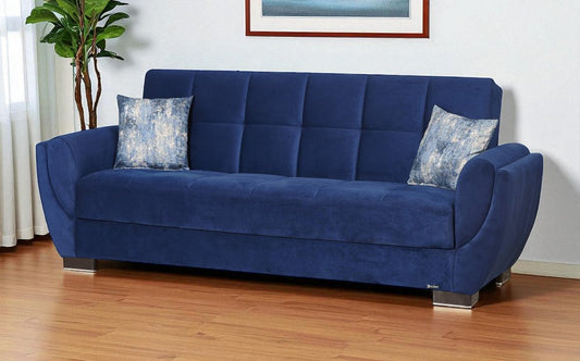 93" Blue Microfiber Convertible Futon Sleeper Sofa And Toss Pillows With Storage