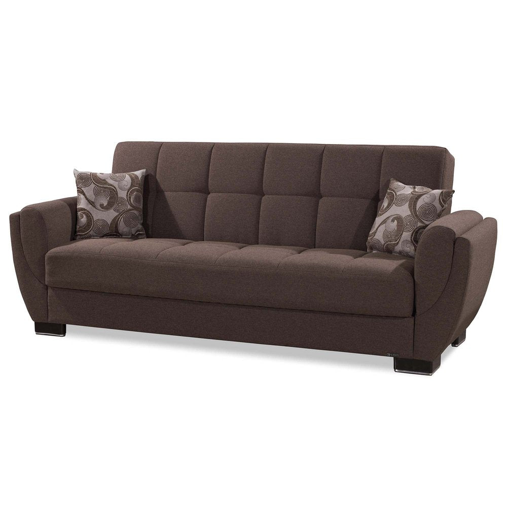 93" Brown Chenille Convertible Futon Sleeper Sofa And Toss Pillows With Storage
