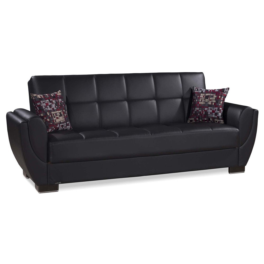 93" Black Faux Leather Convertible Futon Sleeper Sofa And Toss Pillows With Storage