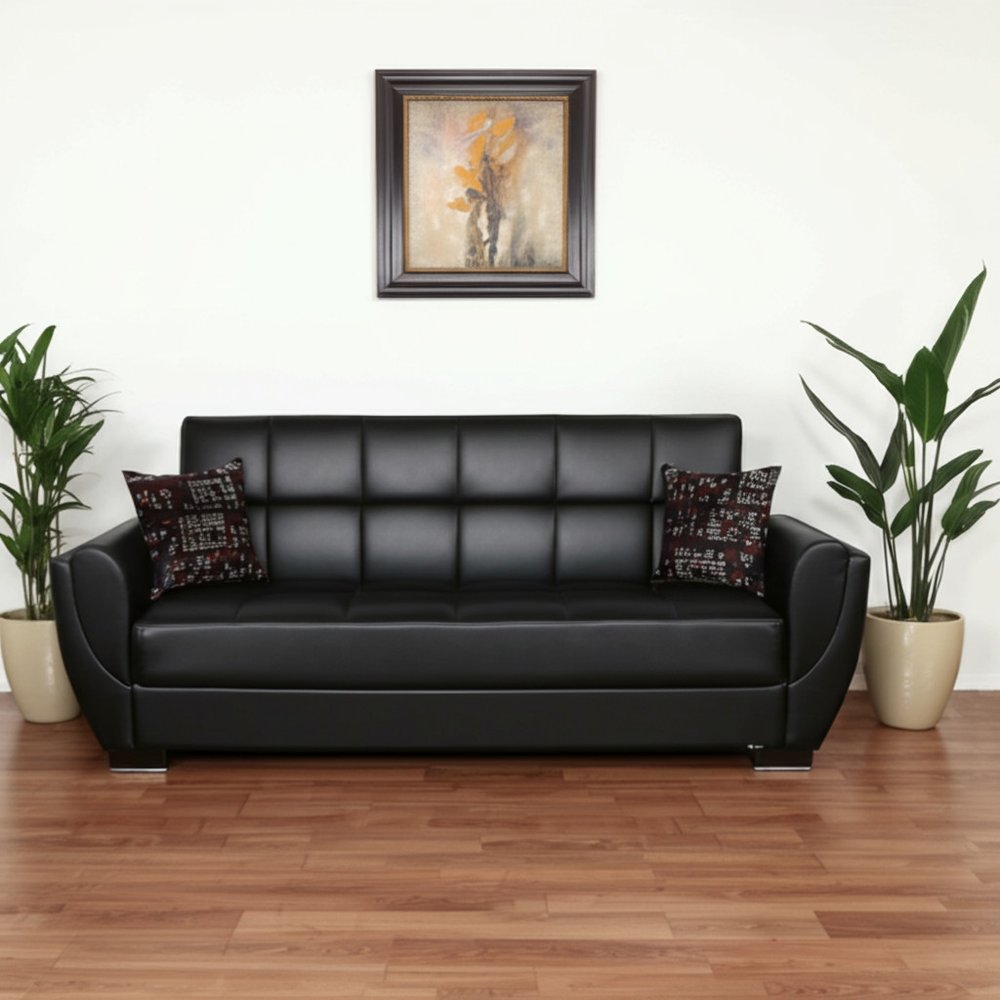 93" Black Faux Leather Convertible Futon Sleeper Sofa And Toss Pillows With Storage