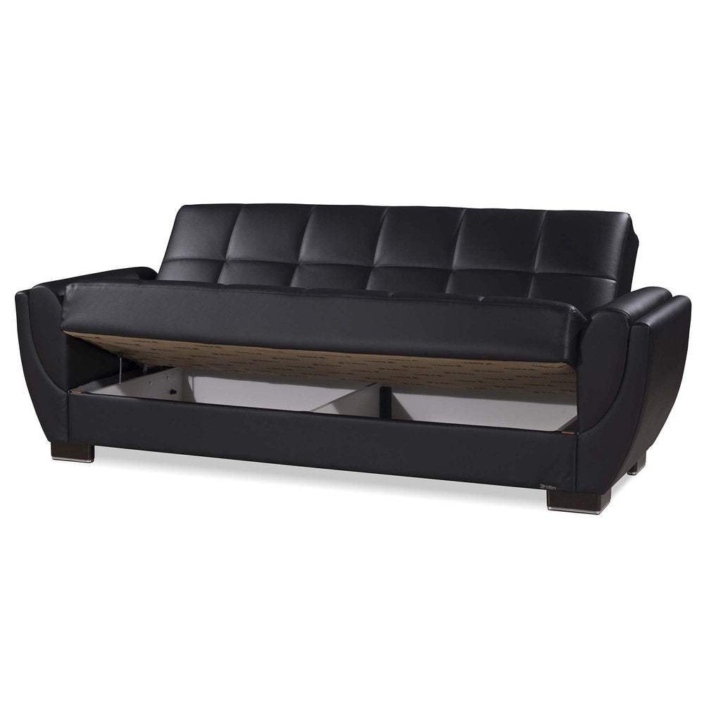 93" Black Faux Leather Convertible Futon Sleeper Sofa And Toss Pillows With Storage
