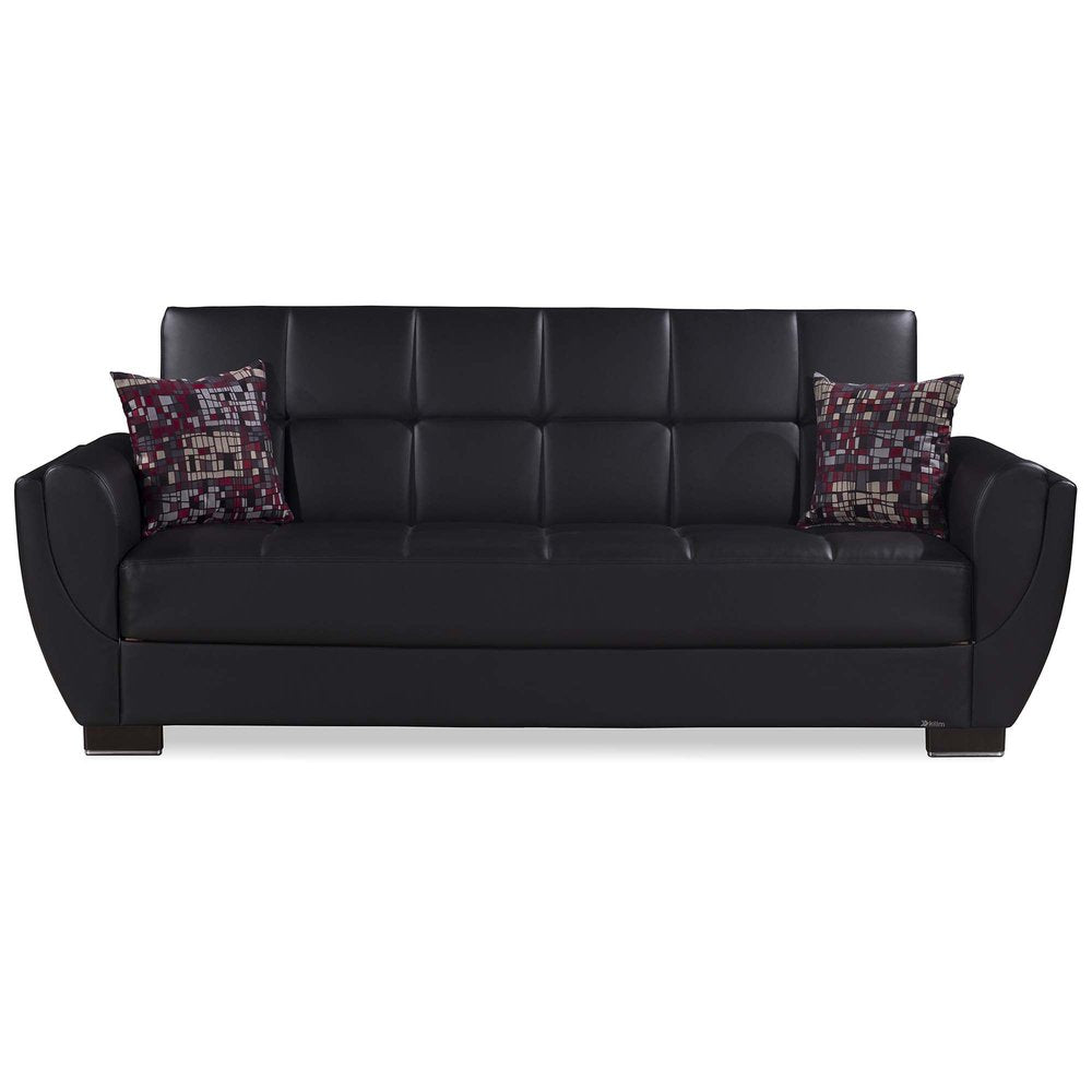 93" Black Faux Leather Convertible Futon Sleeper Sofa And Toss Pillows With Storage