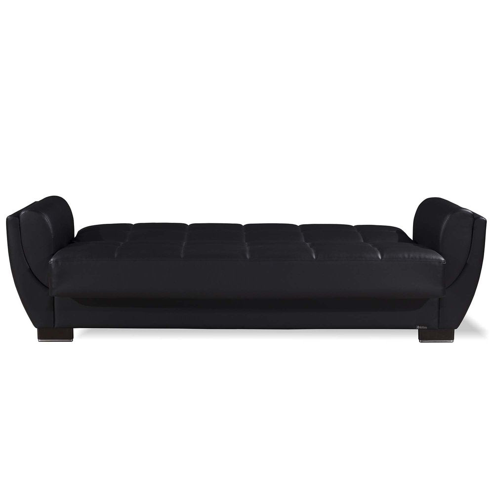 93" Black Faux Leather Convertible Futon Sleeper Sofa And Toss Pillows With Storage
