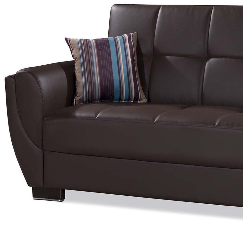 93" Brown Faux Leather Convertible Futon Sleeper Sofa And Toss Pillows With Storage