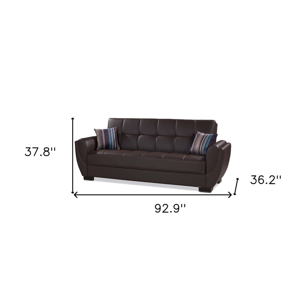 93" Brown Faux Leather Convertible Futon Sleeper Sofa And Toss Pillows With Storage