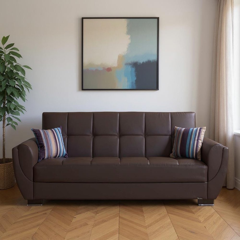 93" Brown Faux Leather Convertible Futon Sleeper Sofa And Toss Pillows With Storage