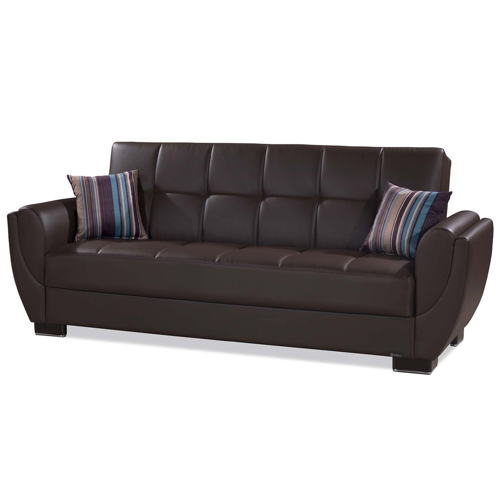 93" Brown Faux Leather Convertible Futon Sleeper Sofa And Toss Pillows With Storage