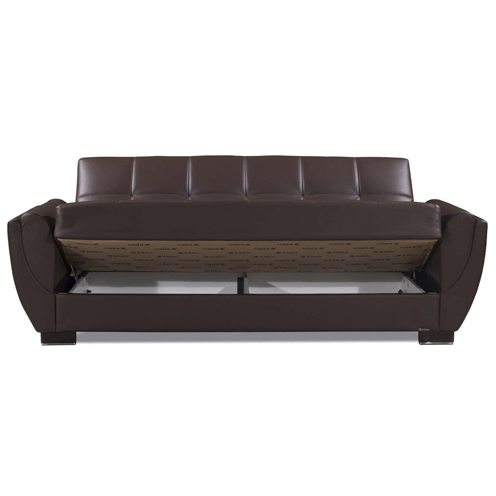 93" Brown Faux Leather Convertible Futon Sleeper Sofa And Toss Pillows With Storage