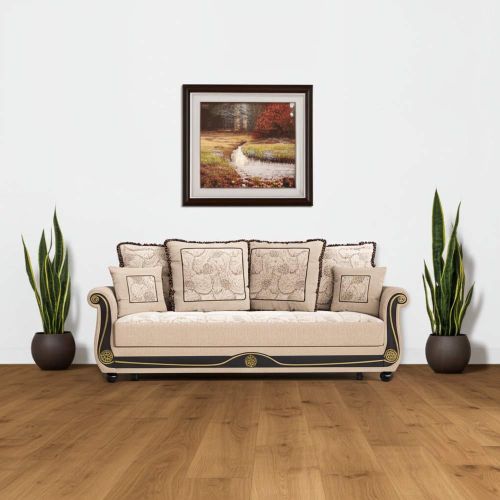 95" Beige Chenille Convertible Futon Sleeper Sofa And Toss Pillows With Storage