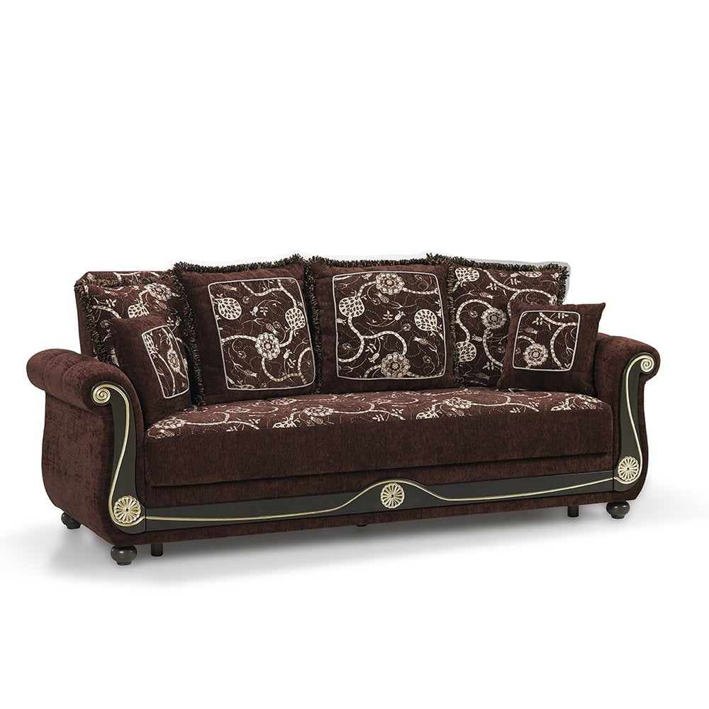 95" Brown Chenille Convertible Futon Sleeper Sofa And Toss Pillows With Storage