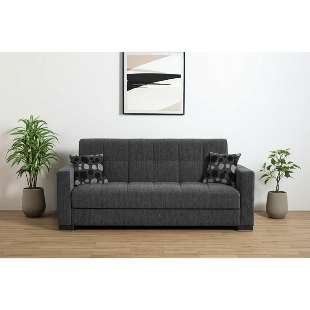 87" Dark Gray Chenille Convertible Futon Sleeper Sofa And Toss Pillows With Storage
