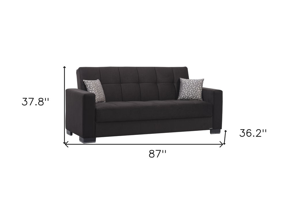 87" Black Microfiber Convertible Futon Sleeper Sofa And Toss Pillows With Storage