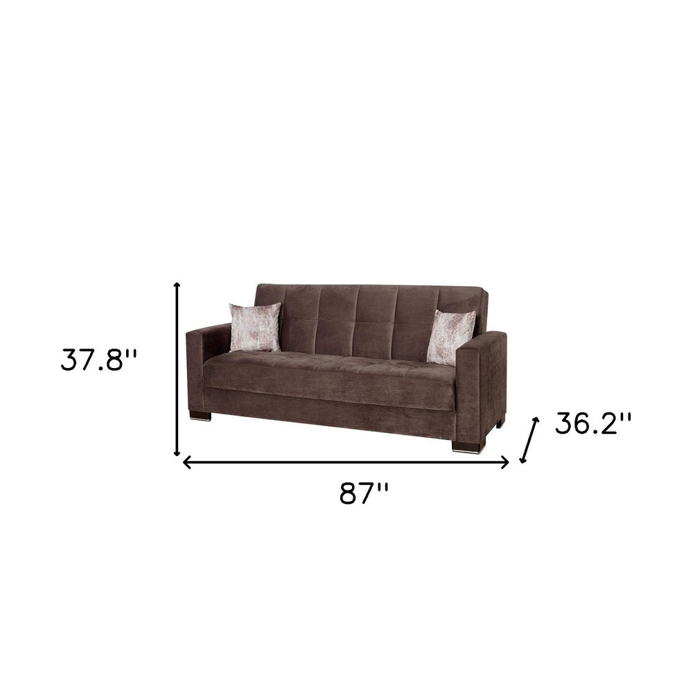87" Brown Microfiber Convertible Futon Sleeper Sofa And Toss Pillows With Storage