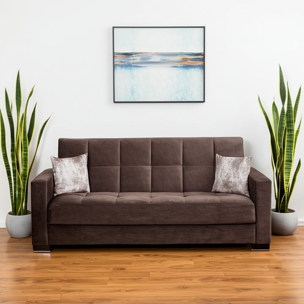 87" Brown Microfiber Convertible Futon Sleeper Sofa And Toss Pillows With Storage