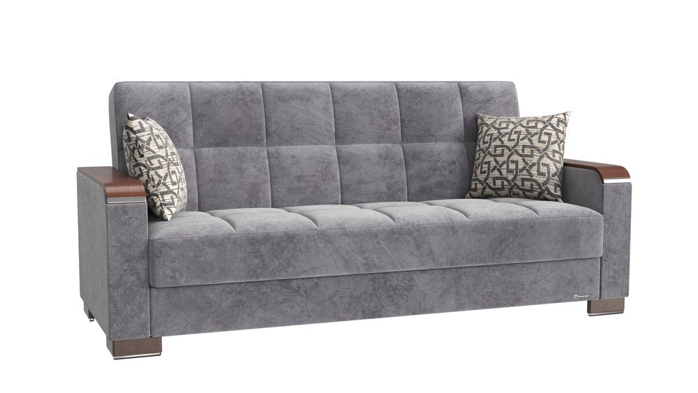 87" Gray Microfiber Convertible Futon Sleeper Sofa And Toss Pillows With Storage