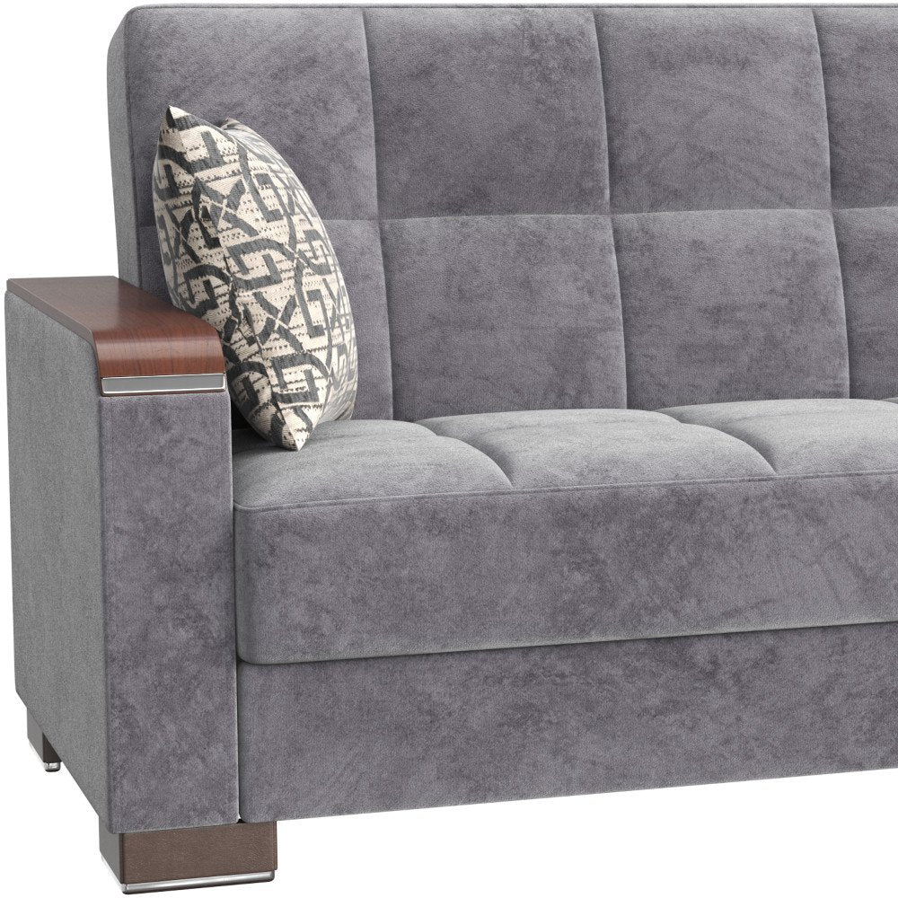 87" Gray Microfiber Convertible Futon Sleeper Sofa And Toss Pillows With Storage