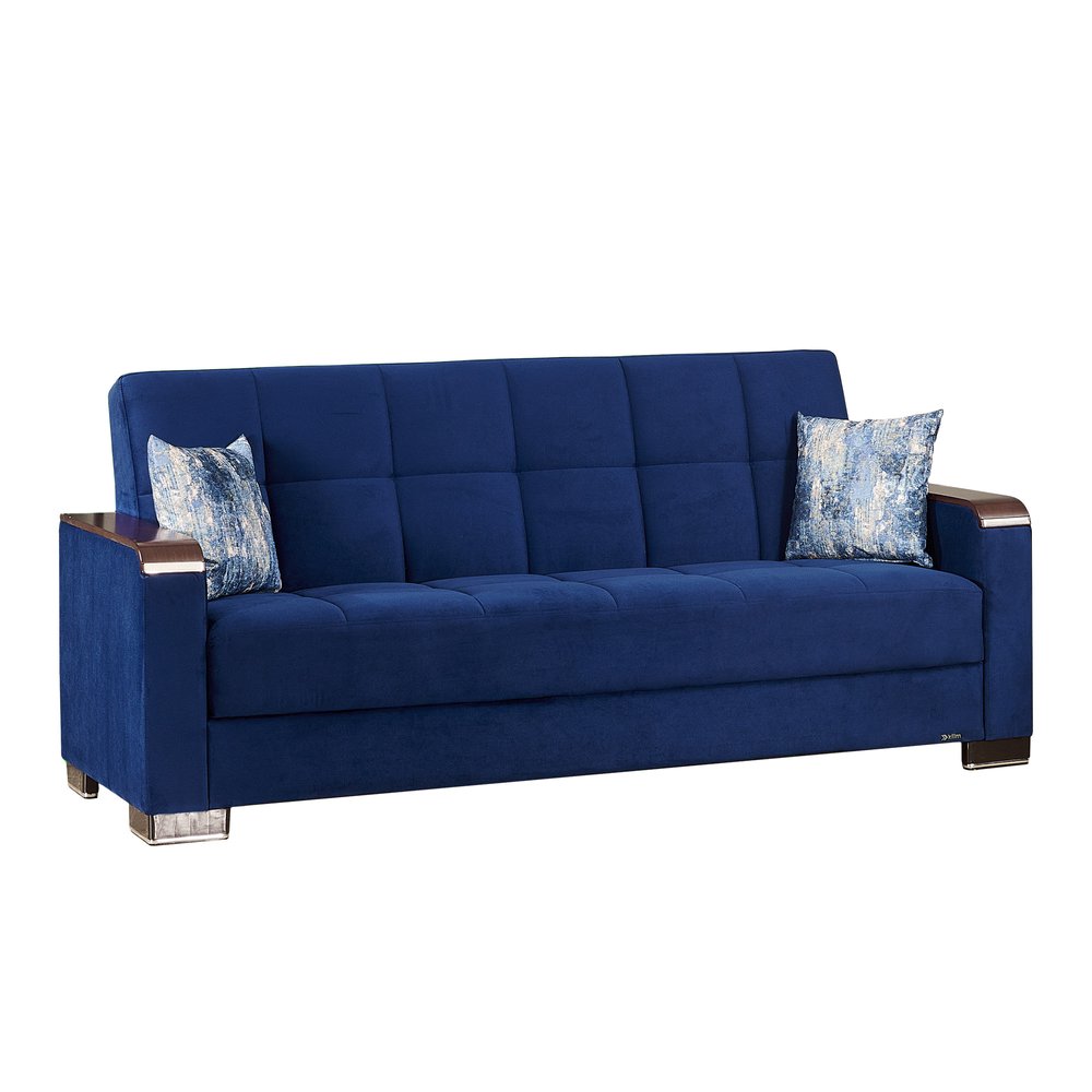 87" Blue Microfiber Convertible Futon Sleeper Sofa And Toss Pillows With Storage
