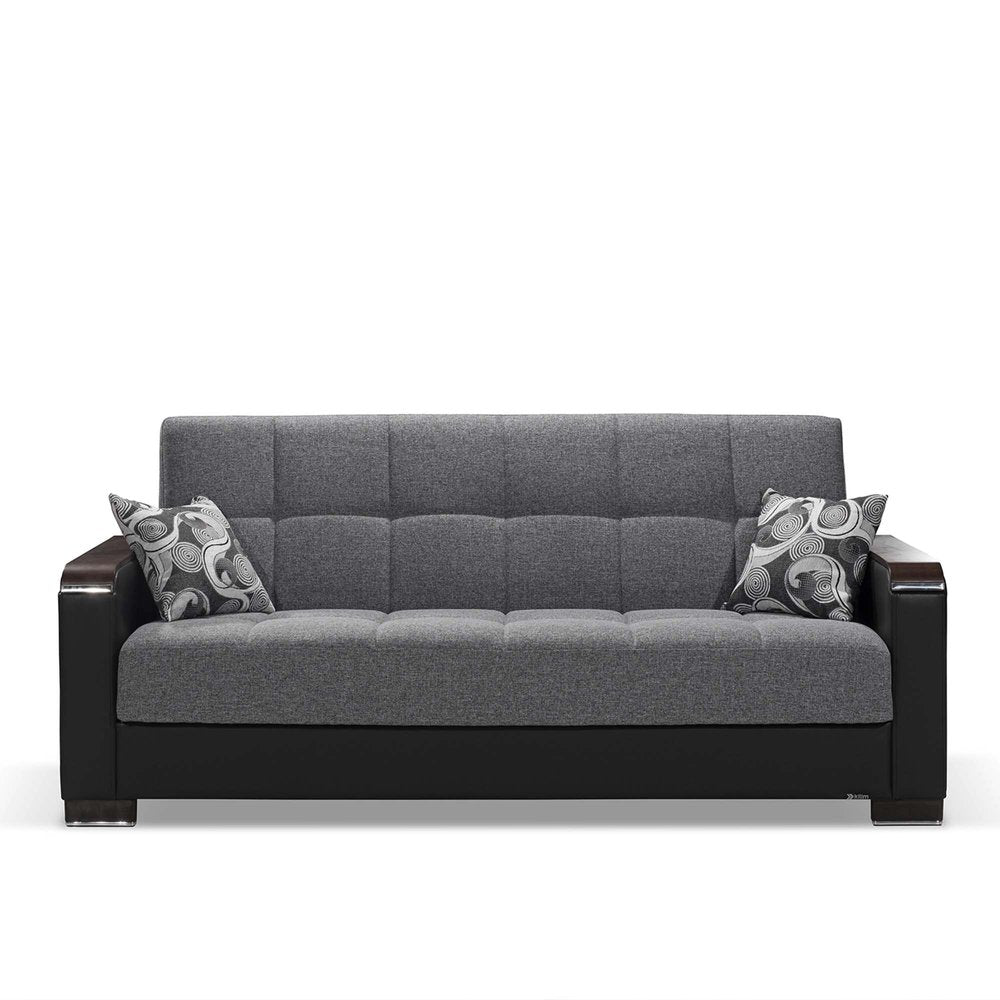 87" Gray And Black Microfiber Convertible Futon Sleeper Sofa And Toss Pillows With Storage