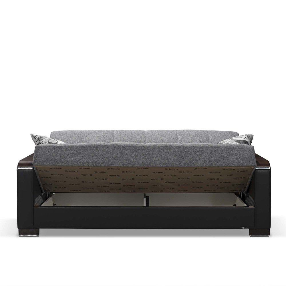 87" Gray And Black Microfiber Convertible Futon Sleeper Sofa And Toss Pillows With Storage